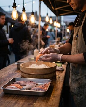 Person preparing fresh sushi with raw fish slices and steaming rice at outdoor market food stall under hanging light bulbs