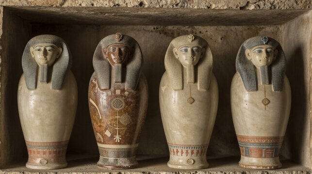 Ancient Egyptian canopic jars, each with a unique human head, stand in a row on an interior wall, conveying quiet reverence for history.