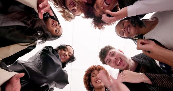 Group, happy and face of friends for dance crew, movement and rehearsal with energy by low angle. Team, man and women in portrait before hip hop competition, performance and solidarity in studio