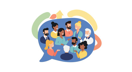 Naklejka premium Diverse Business Team Communication & Collaboration in a Speech Bubble for Idea Exchange, Discussion, and Growth