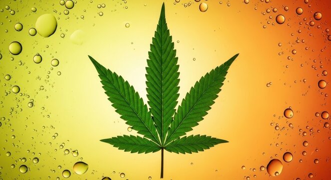 A vibrant cannabis leaf surrounded by colorful water droplets against a gradient background