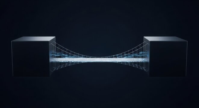A digital 3D visualization showing two dark metallic cubes connected by an intricate glowing blue data bridge made of light lines and complex mathematical nodes floating against a deep black.