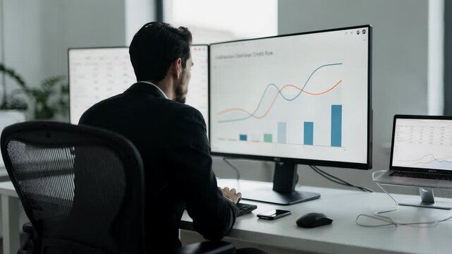 Financial analyst examining dual monitors showing lineofcredit usage patterns and credit risk metrics with spreadsheets partially blurred in background.