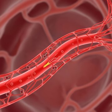 A microscopic view of a red blood vessel with a small yellow blockage forming inside the artery