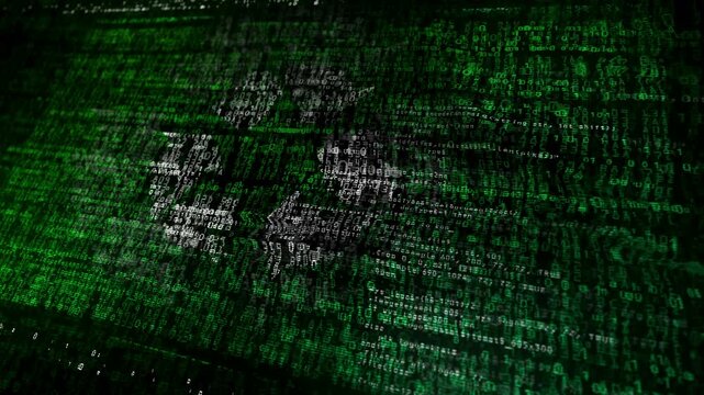 Recycling symbol flag waving secure code. Eco friendly technology icon blowing banner cyber security attack and hack concept animation.