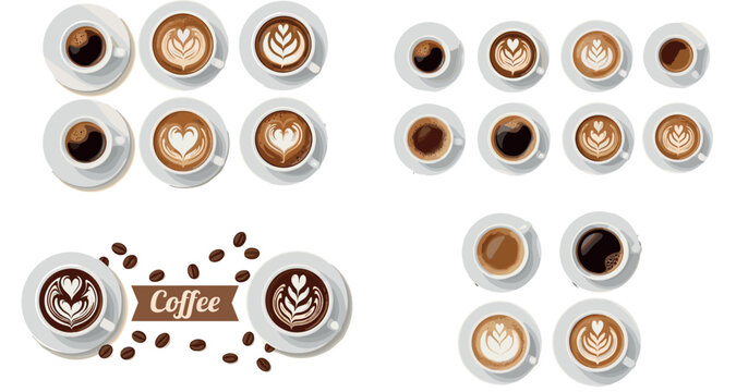 Top View Coffee Cup Collection with Latte Art Designs, Espresso Variations and Coffee Beans Decorative Layout Vector Illustration