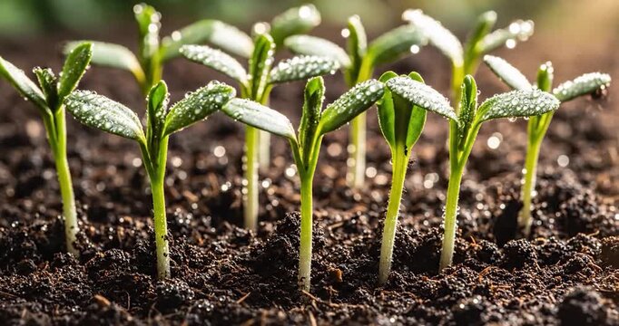 Young green plant sprouts emerging from dark rich soil