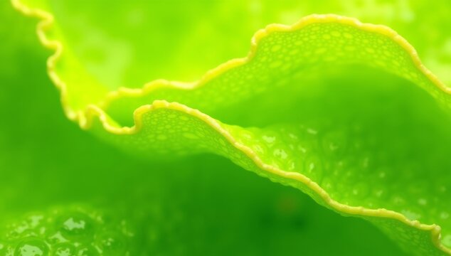 Closeup of vibrant green ruffled plant leaf with textured surface and subtle yellowgreen edges