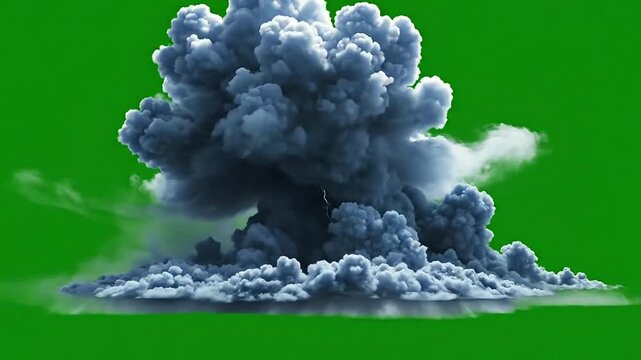 A massive explosion creates a huge cloud of smoke and debris on the ground with green background