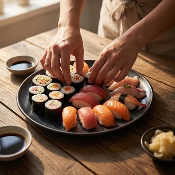 Hands arranging assorted nigiri and maki sushi on a black plate with soy sauce and pickled ginger on wooden table