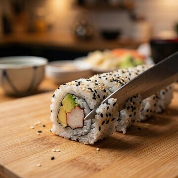 Close-up of a sushi roll being sliced with a knife on a wooden cutting board, with sesame seeds and avocado and imitation crab filling visible in a kitchen setting