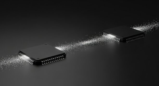 Two black microchip processors are connected by a stream of glowing white digital particles that flow across a dark matte background, representing high speed data transfer and modern computing power.