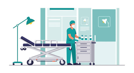 Fototapeta premium Medical professional in mask preparing equipment in hospital room with gurney and cart