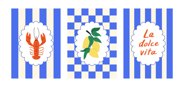 Set of italian posters with lemons, lobster and lettering La dolce vita (means sweet life on italian). Vector flat illustration. Collection of summer cards with checkered and striped backgrounds