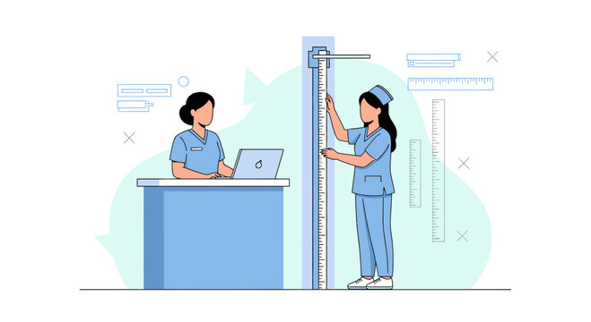 Medical staff measuring patient height with stadiometer and laptop on desk