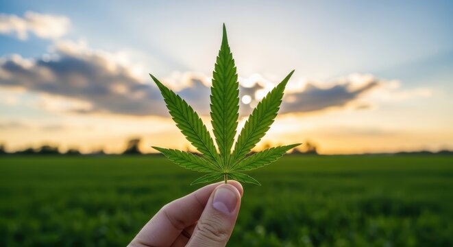 A single cannabis leaf held against a serene sunset backdrop over green fields
