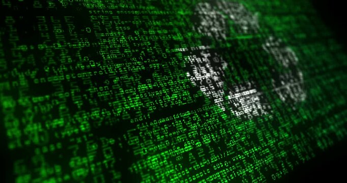 Recycling symbol flag waving secure code. Eco friendly technology icon blowing banner cyber security attack and hack concept animation.