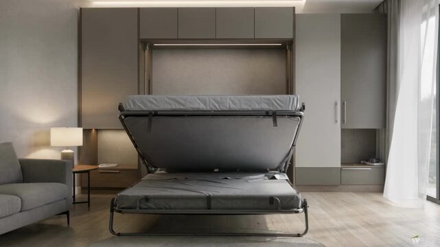 Focused medium shot highlighting a foldaway bed being deployed in a modern flexible guest room designed for adaptive use.