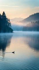 Naklejka premium Misty dawn at tranquil lake nature scene gentle ripples foggy environment serene viewpoint fresh morning essence