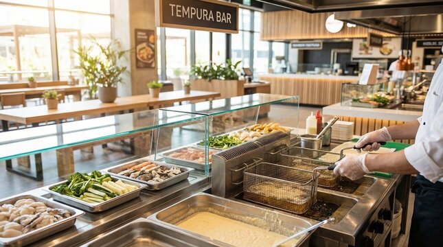 Chef frying tempura at a tempura bar station with trays of vegetables and seafood, deep fryer baskets, and condiment bottles in a modern kitchen with dining area