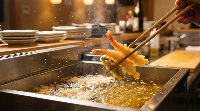 Close-up of fried tempura shrimp and vegetable being lifted with chopsticks from hot oil in a deep fryer with steam rising in a kitchen setting
