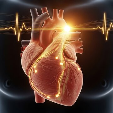 A detailed 3d medical illustration of the human heart showing electrical conduction pathways