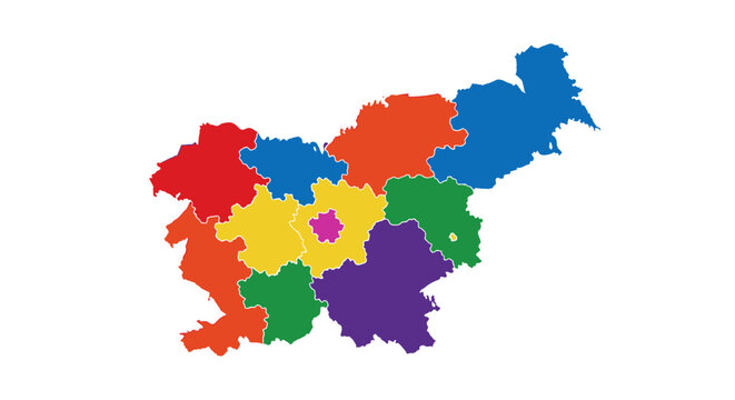 Colorful slovenia map divided into regions with distinct borders and isolated