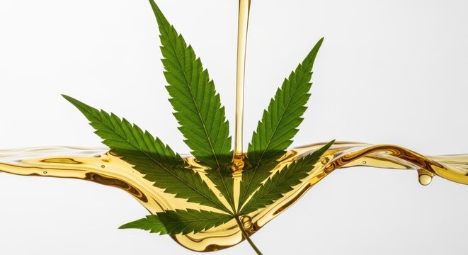 Cannabis leaf floating in golden oil drizzle
