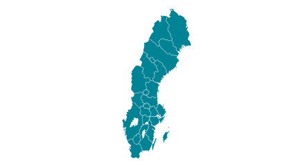 Fototapeta premium Teal outline map of sweden divided into regions isolated on a white background