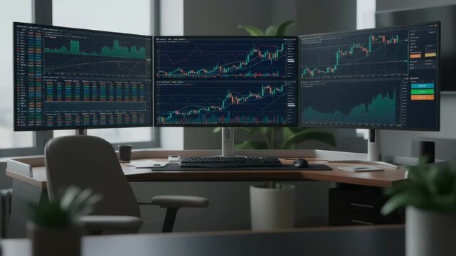 Daytime medium shot capturing a multimonitor trading desk focusing on a comprehensive set of stock charts watchlists and trade order windows with the workspace edges softly out of