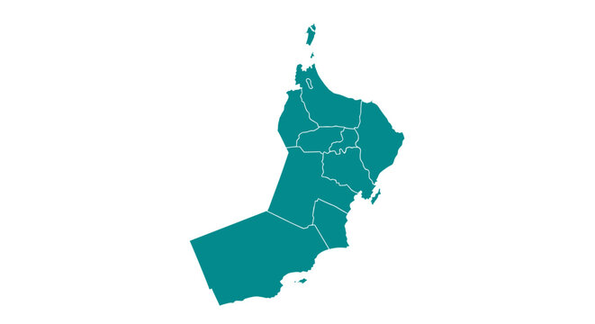 Turquoise map silhouette of oman divided into regions with white background