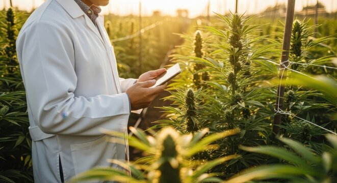 Scientist monitoring cannabis plants in a greenhouse using a tablet device.