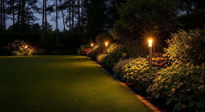 A serene garden pathway illuminated by soft outdoor lighting at dusk
