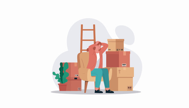 Overwhelmed person struggling with the stress of moving, surrounded by cardboard boxes, facing the daunting task of unpacking and settling into a new home environment