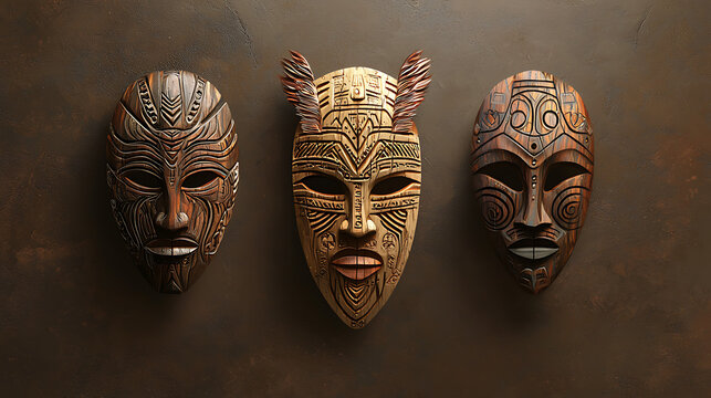 Three traditional tribal masks are displayed on a wall indoors.