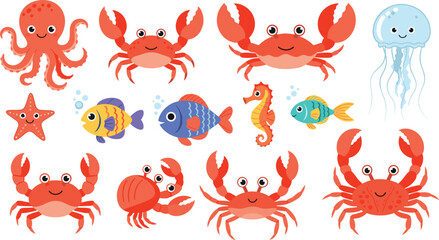 Cute Sea Life Vector Icon Set Featuring Cartoon Octopus, Crabs, Jellyfish, Seahorse, Starfish, and Tropical Fish for Childrens Stickers and Educational Designs © Mdsahidul