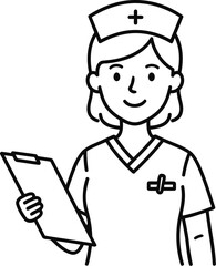 Obraz premium Nurse holding a clipboard with a friendly and professional demeanor in a simple line drawing