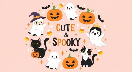 Naklejka premium Cute and spooky halloween decorations with ghosts, cats, and pumpkins on pink background