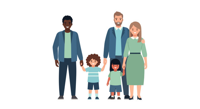 Happy Diverse Family Portrait: Two Men, One Woman, and Two Children Holding Hands Illustration