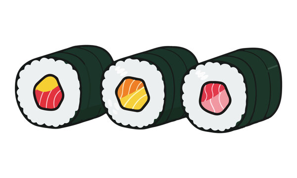 Three Japanese sushi rolls illustration isolated on white