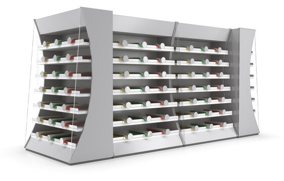 Retail gondola shelving with empty colored dividers on the shelf, round price tags and blank shelf talkers. 3d illustration on white background
