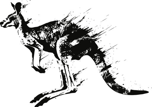 Dynamic abstract kangaroo silhouette with splatter ink effect on white background
