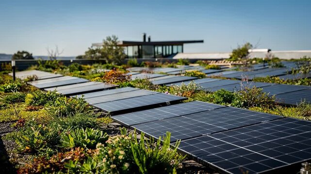 Medium shot of solarpowered ecolodge rooftop with vibrant green plants and rows of solar panels under clear sunny skies main focus on panels against blurred background.