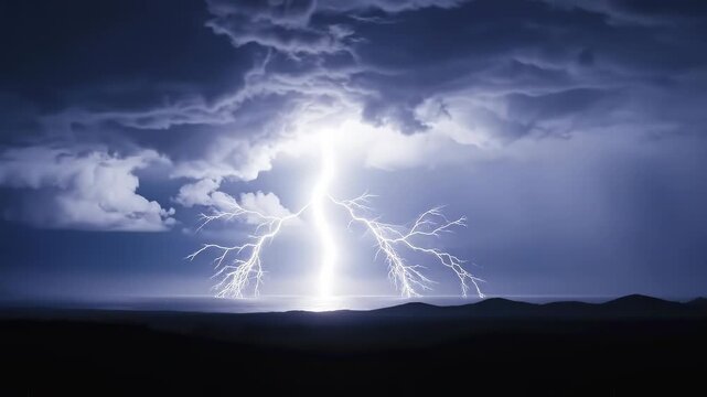 Multiple forked lightning strikes over a dark coastal ocean at night with dramatic storm clouds and bright reflections on the water, cinematic slow-motion footage for documentaries, news, weather repo