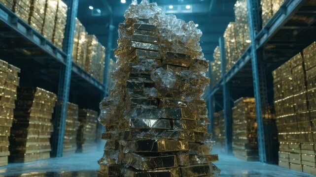 Lowangle medium shot highlighting towering shelves filled with gleaming gold bars in a central bank vault main object crystallized while surroundings remain softly out of focus.