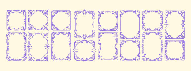 Fototapeta na wymiar Vintage victorian frames, hand drawn retro borders, gothic swirl ornamental holiday wedding decor. Elegant baroque postcard design, royal antique filigree graphic print set. Vintage square frames