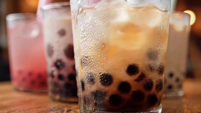 Assorted bubble tea drinks, colorful and vibrant with boba, on a wooden table, symbolizing refreshment and variety.