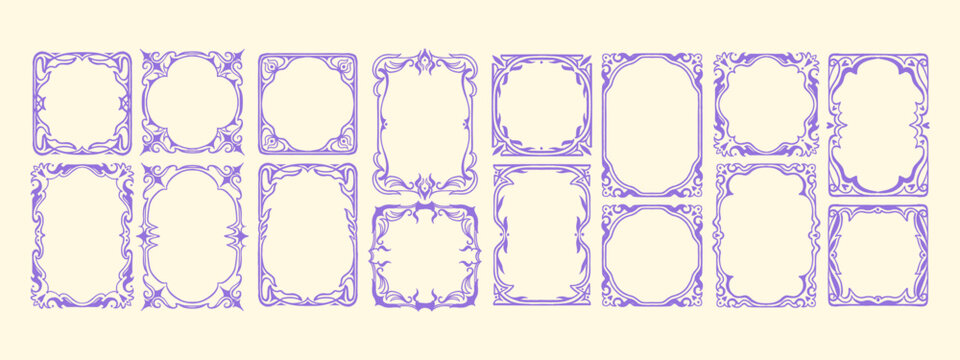 Vintage victorian frames, hand drawn retro borders, gothic swirl ornamental holiday wedding decor. Elegant baroque postcard design, royal antique filigree graphic print set. Vintage square frames