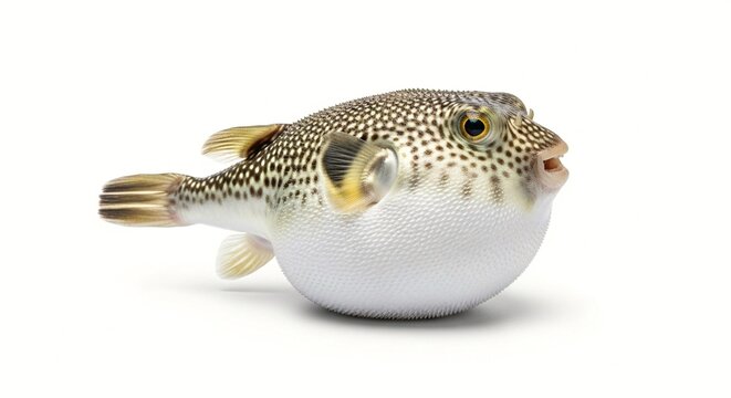 A pufferfish inflated with air on a white background