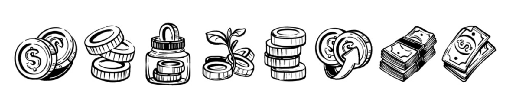 Money icon set, hand drawn coin doodle illustration banking cash cartoon ink brushstroke graphic. Finance business dollar sign economy income growth arrow symbol. Money dollar icon vector illustration